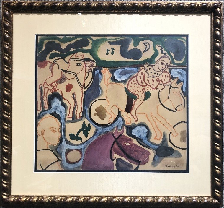 Gouache of circus by Nancy Graves, 1963: Gouache of circus by Nancy Graves, 1963.15" x 14" in a frame 21" x 23"./////////////////////////////////////////////////////////////////////////////////////////////(From Wiki):"Nancy Graves (December