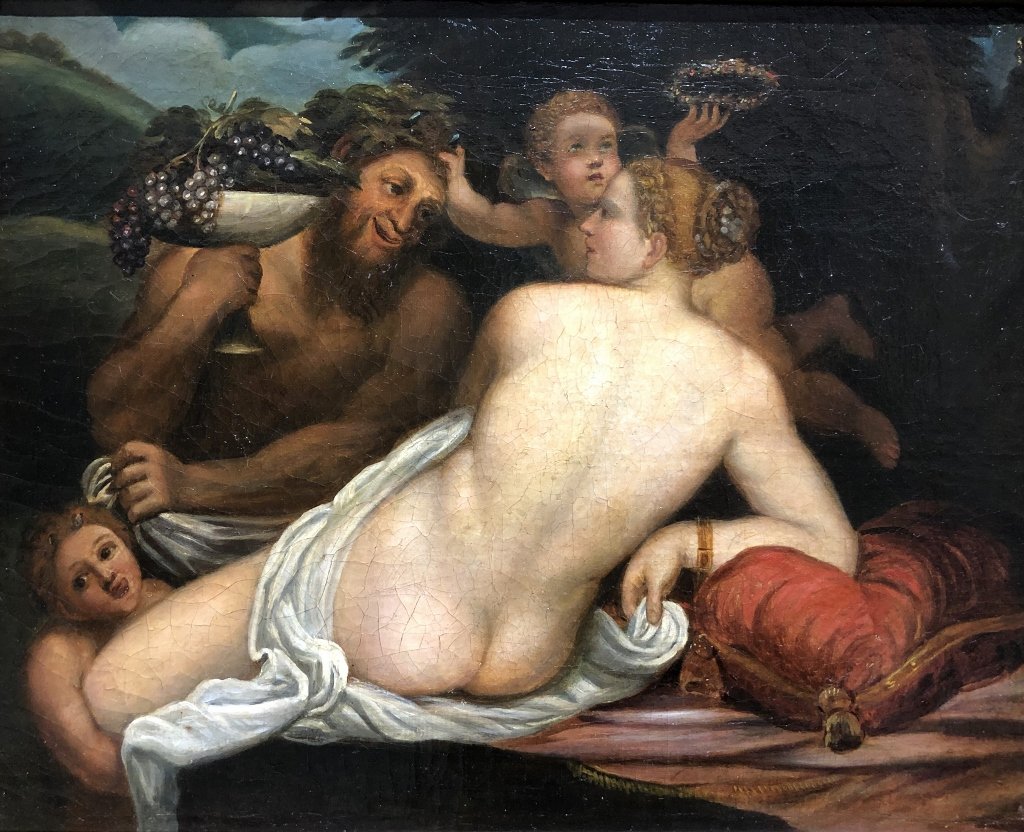 Mythological painting, 19thc, Goddess: Oil on canvas mythological painting, 19th century, of a nude Goddess reclining.19"x 15.5" in a frame 21" x 17.5".