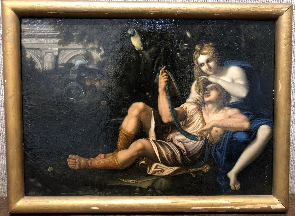 Mythological painting, 19th century, soldiers: Oil on canvas mythological painting, 19th century, of soldiers overlooking bushes to see a muscular figure reclining with a smiling partner.Unknown myth.Painting is 21" x 15.5" in a frame 23" x 17.5".