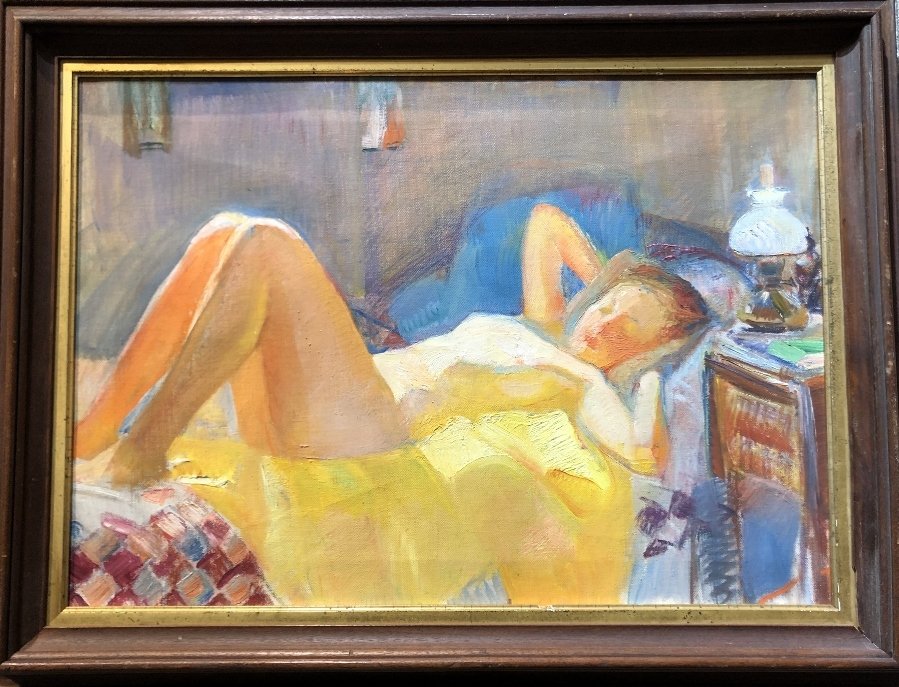 Painting of nude reclining by Mary Stuart Mason: Painting of nude reclining by Mary Stuart Maso,(American 1886-1964). Mary Stuard Townsend Mason was active/lived in Maine, Pennsylvania, Ohio. Mary Mason is known for landscape, harbor and still life 