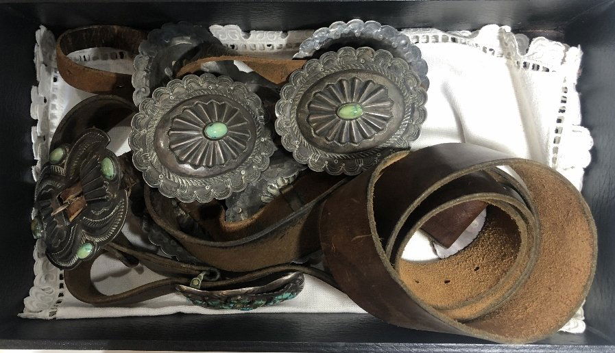 Three Native Amer silver belts, w/ turquoise, c 1930 (1 of 9)