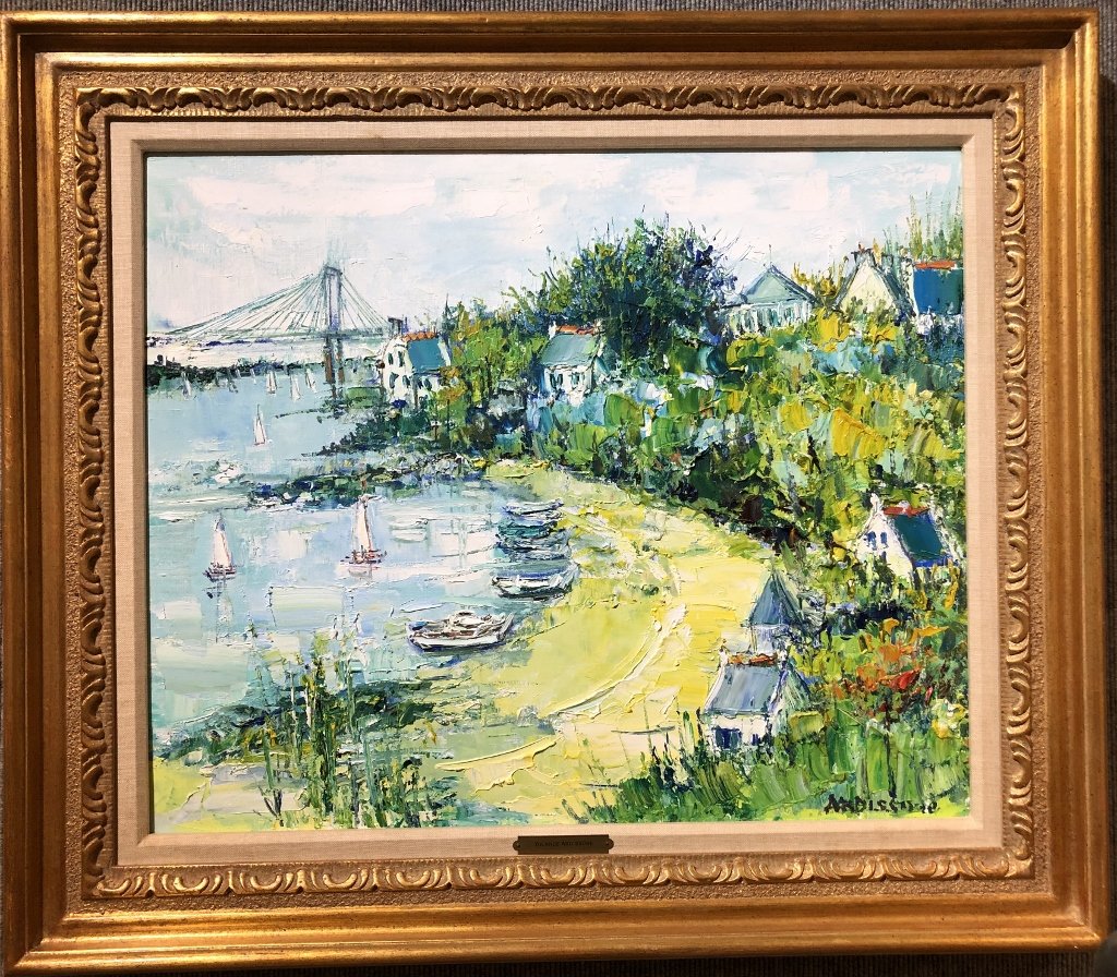 Boat and bridge painting by Yolande Ardissone, c1975: Boat and bridge painting by Yolande Ardissone,circa 1975.The painting is 20.5" x 25" in a frame 29" x 32"./////////////////////////////////////////////////////////////(From Wiki):"Yolande Ardissone (b