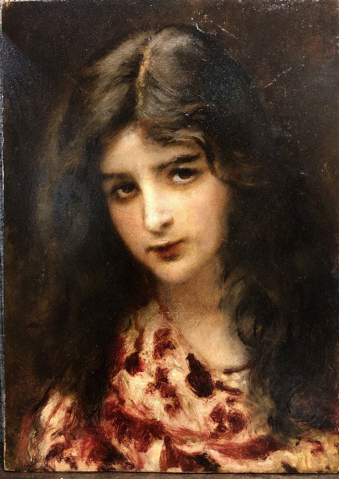 Ptg of girl, Konstantin Egorovich Makovsky(Russian,19c): Painting of girl on board by Konstantin Egorovich Makovsky(Russian,19th/20th century).9" x 13" (unframed).Signed in latin upper left.///////////////////////////////////////////////////////////////////