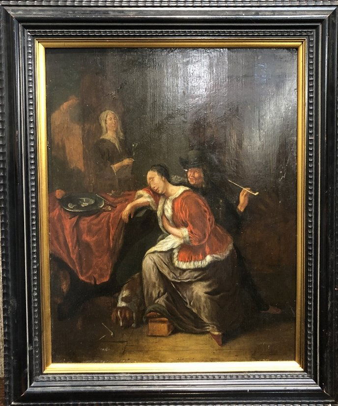 Old Master ptg on board of woman in pub, 18thc (1 of 5)