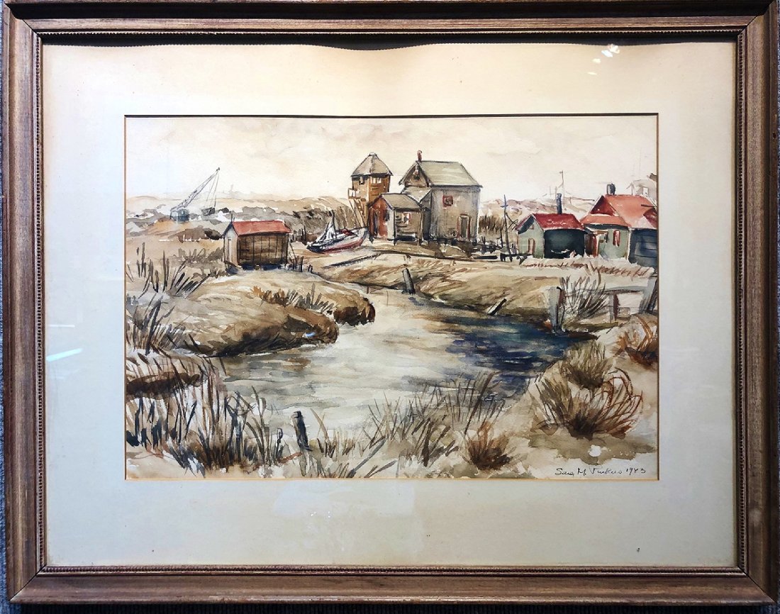 Watercolor of shacks by river by Sara Pinkus, 1943: Watercolor of shacks by river by Sara Pinkus(American 20th century), 1943. WC 13.5" x 20" in a frame 22" x 28".