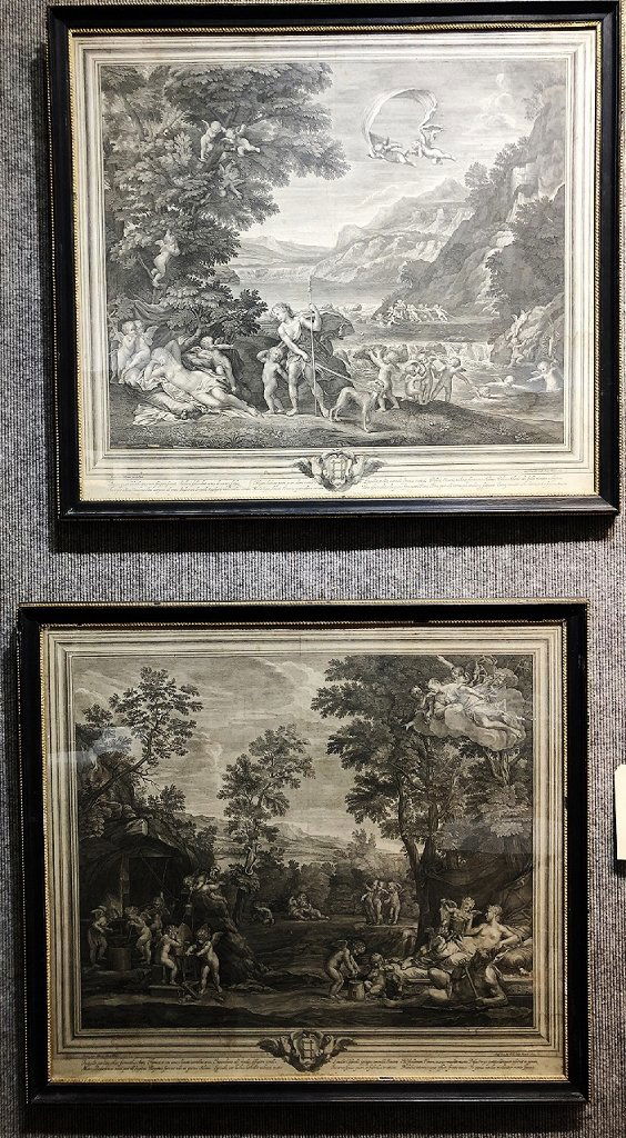 Pair large framed 17th/18thc engravings, water stains (1 of 9)