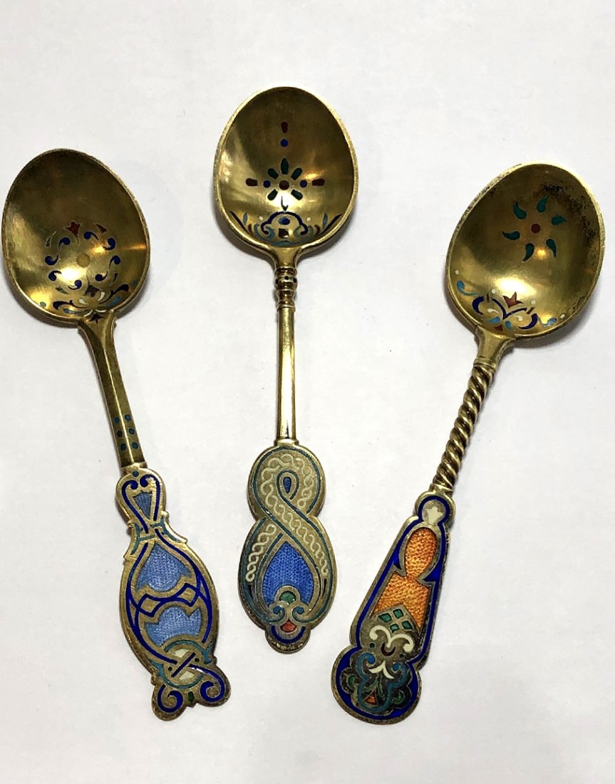 Set of 3 Russian plique a jour enamel spoons,c.1900 (1 of 9)