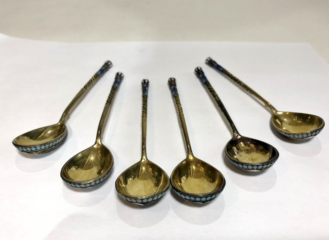 Set of 6 Russian enamel spoons,c.1900, 2.8 t.oz (1 of 9)
