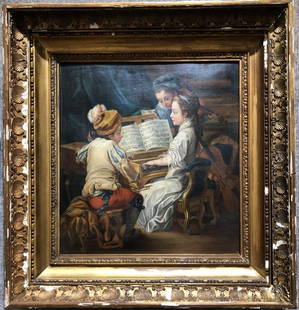 Allegory of Music(children),after Carle Van Loo,18/19th: Painting of children playing music, after Carle Van Loo,(French 18th century)c.1750-1840. The painting is 17.5 inches by 18 inches, in a frame 24 inches by 25 inches.//////////////////////////////////