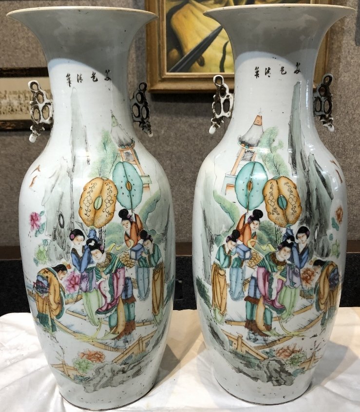 Pair of Chinese tall vases with writing, c.1900 (1 of 17)