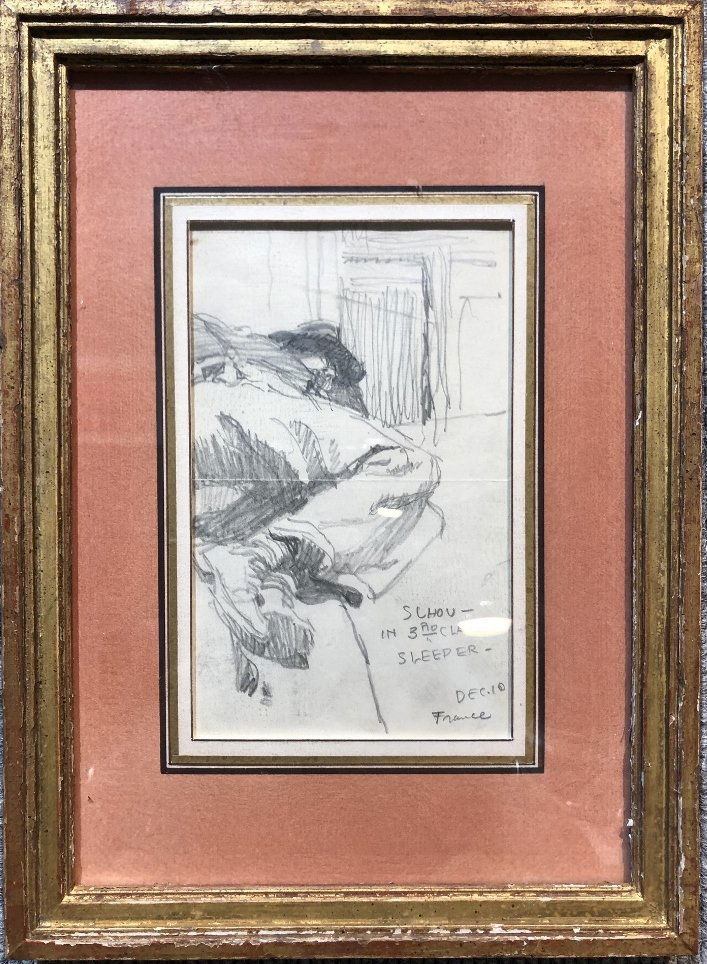 Sleeping man on train by Schou, c.1920 (1 of 5)