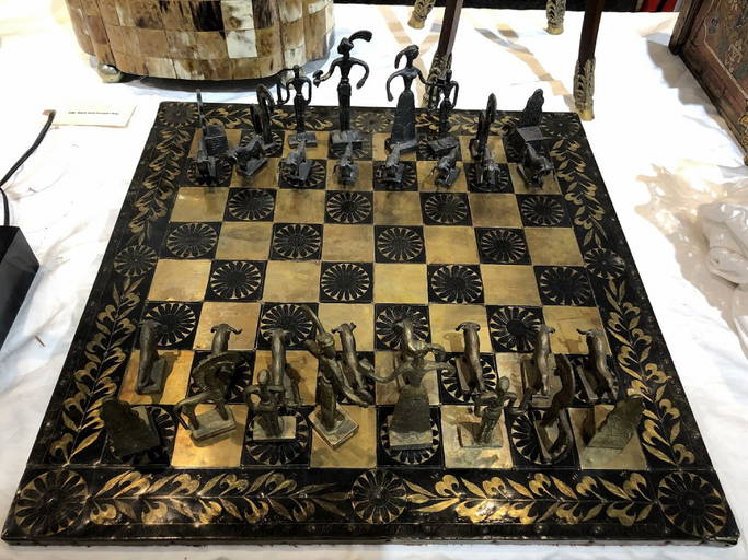 Ganine Gothic Sculptured Chess Set Checkers Board Lot w Box 1957 - Vintage