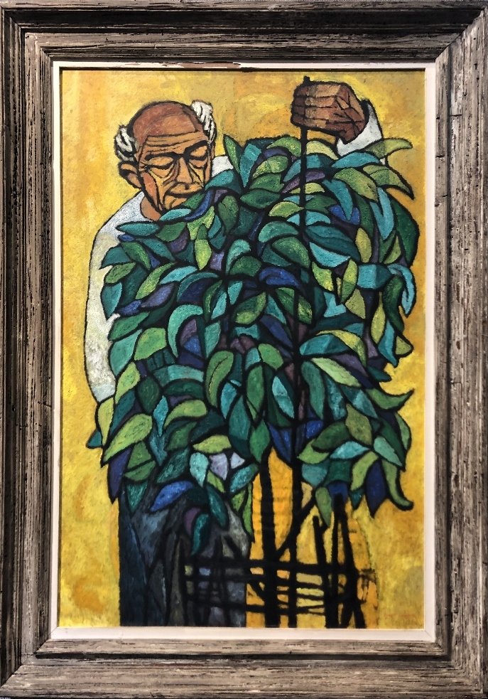 Painting of a gardener by David Shapiro: Painting of a gardener by David Shapiro.Circa 1965.24" x 35" in a frame 30" 41".