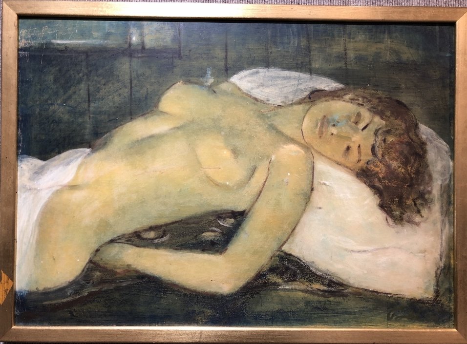 Painting of reclining nude by Kurt Polter: Painting of reclining nude by Kurt Polter(American 20th century).(From Askart):"Born 1914). Kurt Polter is active/lives in New York / Germany. Kurt Polter is known for impressionist child figure, genr