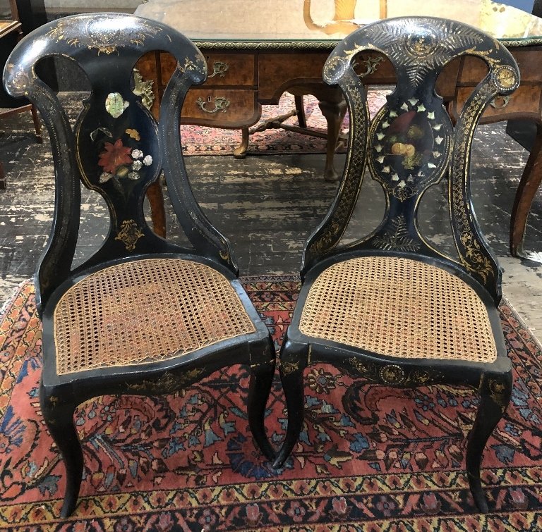 Pair of Victorian mother pearl inlaid lacquer chairs (1 of 10)