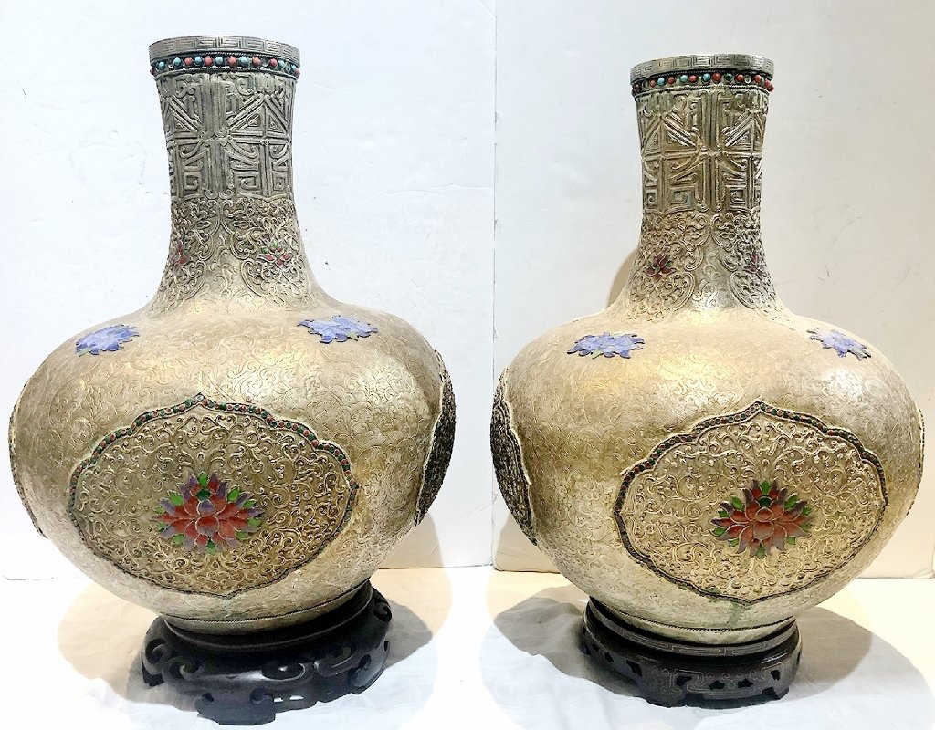Pair of Mongolian vases, inlaid stones: Pair of Mongolian vases, inlaid stones, 20" high.