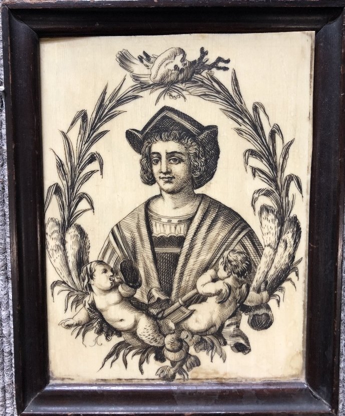 Engraving of a Renaissance boy on celluloid: Engraving of a Renaissance boy on celluloid. Engraving: 4.5"x 6" in a frame: 5.5"x 7".