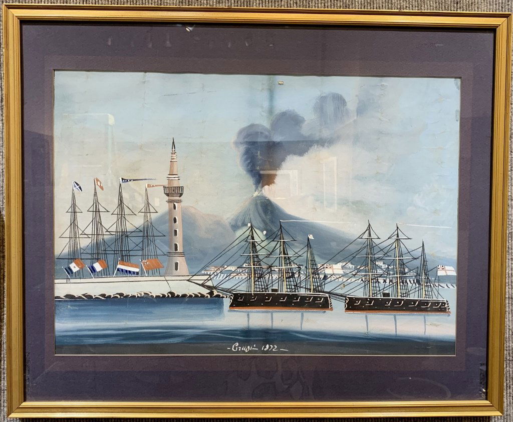 Italian gouache of volcano and ships, dated 1872 (1 of 9)