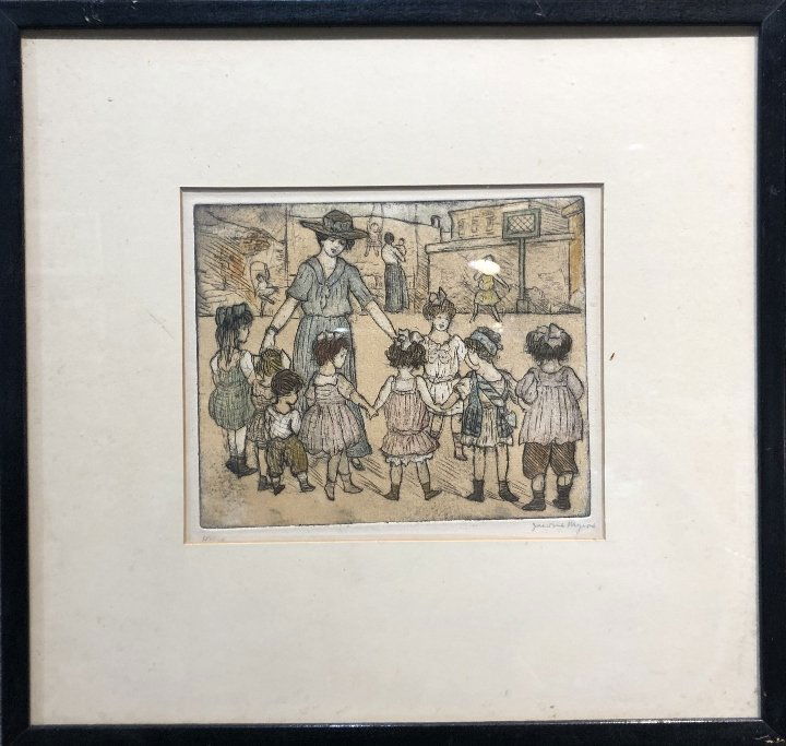 Hand colored etching of children by Jerome Myers (1 of 7)
