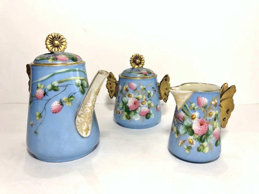 3 piece porcelain tea set, butterfly handles,c.1900 (1 of 11)