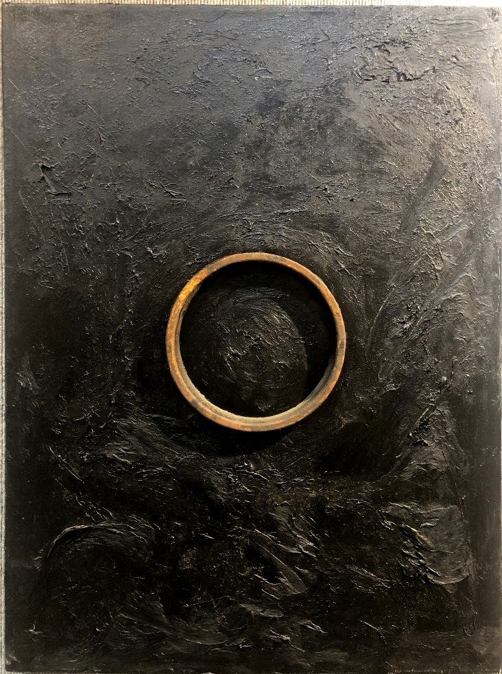 Abstract mixed media painting, raised metal circle (1 of 5)