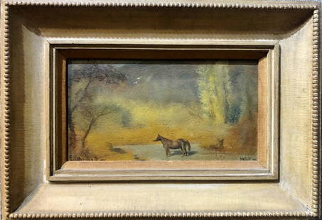 Painting of horse in a field by Louis Eilshemius: Painting of horse in a field by Louis Eilshemius.Measurements: 15.5 inches by 8.5 inches in a frame 23.5 inches in a frame 16.5 inches./////////////(From Wiki):"Louis Michel Eilshemius (February 4, 18