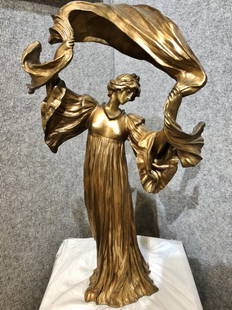 Gilt bronze scarf dancer lamp by Agathon Leonard,c.1975: Gilt bronze scarf dancer lamp by Agathon Leonard,considered to be one of his most famous works.The bronze measures 21.5 x 12 inches.Probably a reproduction from the 1960-1975 period.THe light is hidde