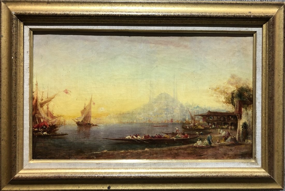 Ptg:Bosphorus Hagia Sophia by A.Bachmann,19thc: Painting:View over the Bosphorus to the Hagia Sophia by Alfred August Felix Bachmann, 10" x 18" in a frame 15" x 22".A nearly identical but slightly larger painting was sold at Dorotheum in Germany Ju