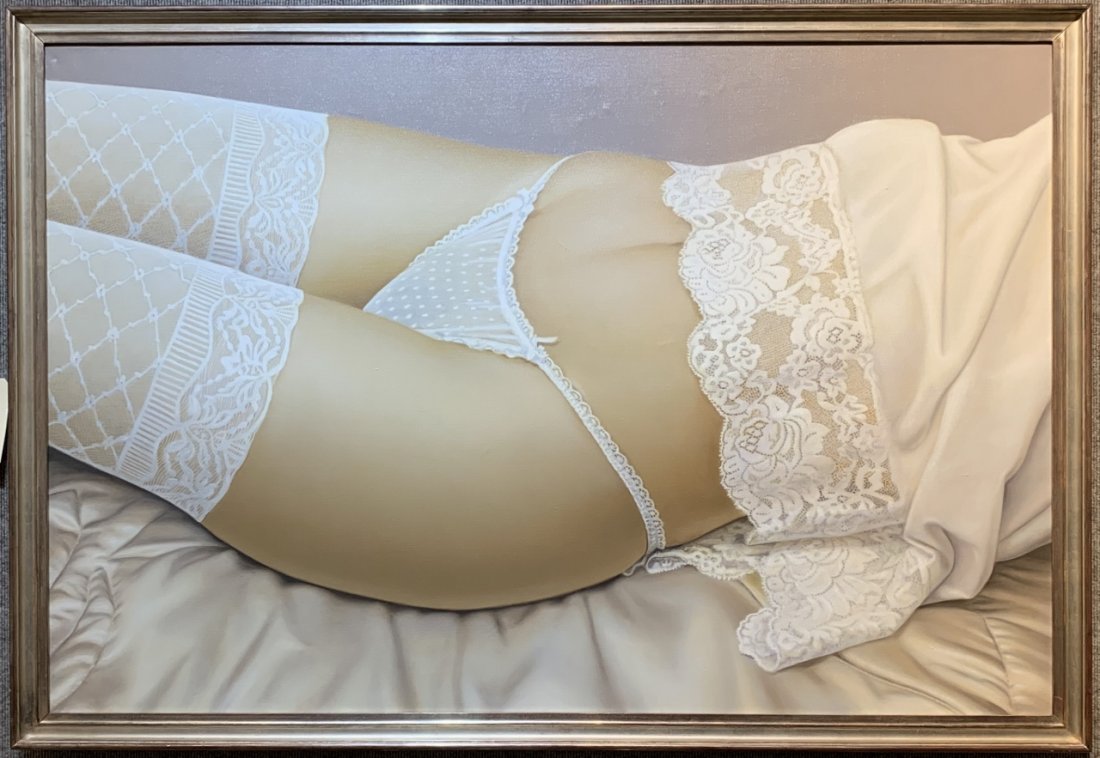 Kimberly 93, ptg of nude with lingerie by John Kacere: Kimberly 93, painting of nude with lingerie by John Kacere(American 1920-1999).Painting is oil on canvas, 54 inches x 36 inches in a frame 56 inches by 39 inches.Excellent condition, signed on the bac