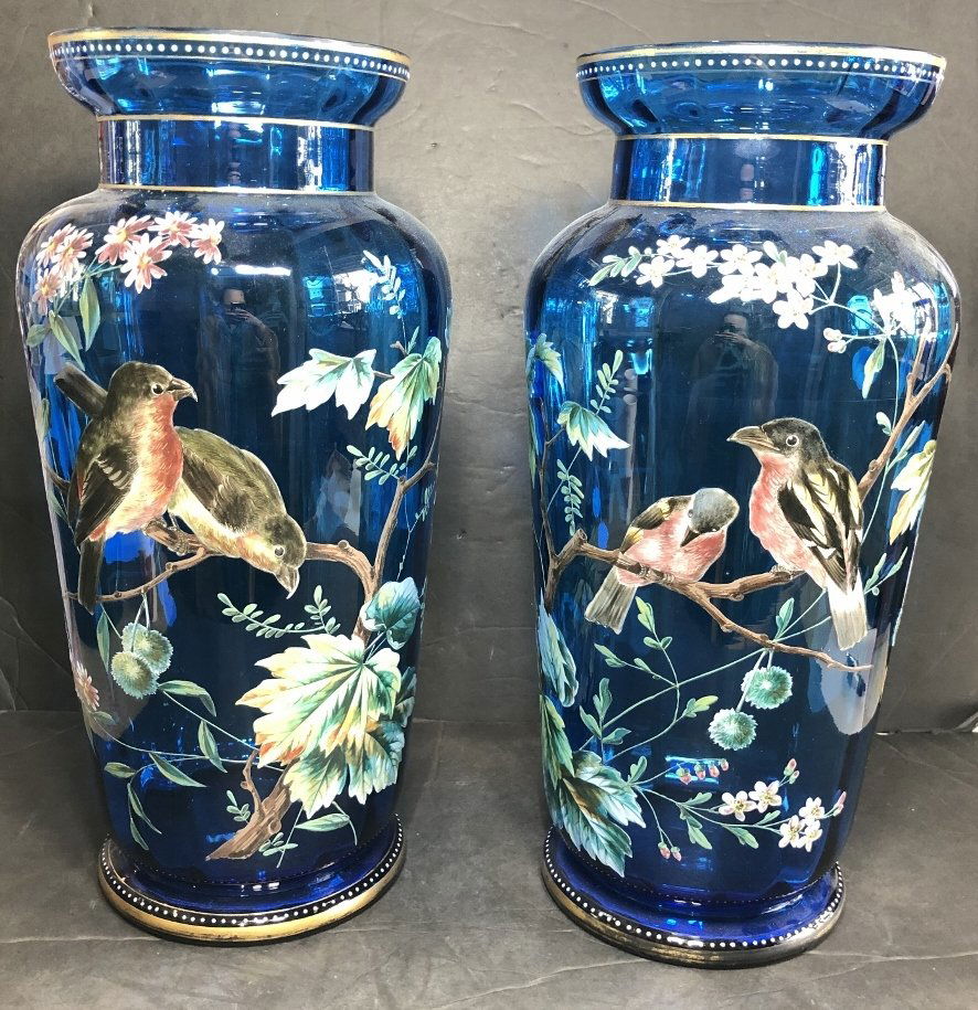 Pair of blue enameled glass vases, birds, Sams (1 of 7)
