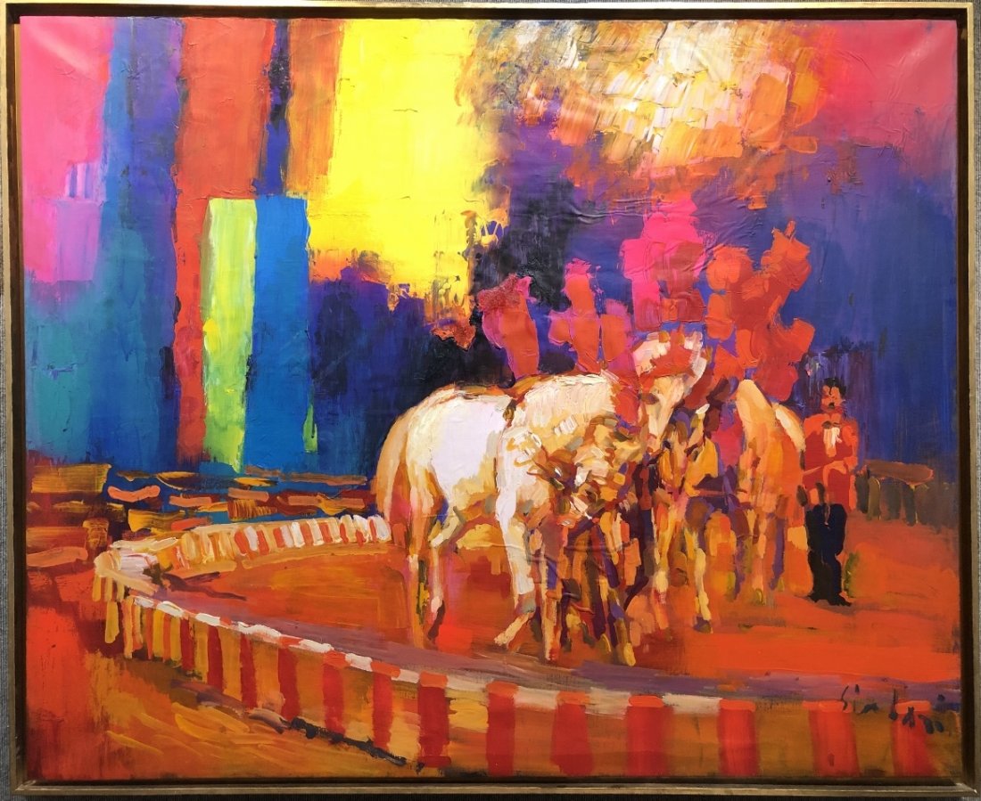 Large painting of the circus by Nicola Simbari,62 x 51: Large painting of the circus by Nicola Simbari(Italian 1927 to 2012).62 inches by 51 inches in a frame 64 inches by 54 inches..---------------------Davids notes: Simbari had a lifelong love of the cir