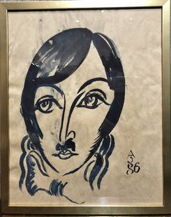 Watercolor of face by Anatoly Zverev, c.1975: Watercolor of face by Anatoly Zverev,c1975. Watercolor 19" x 15", in a frame 20.25" x 16.25". ------From the NYC Estate of Dagmar and Giovanni Migliuolo, former Ambassador to the USSR from Italy.-----