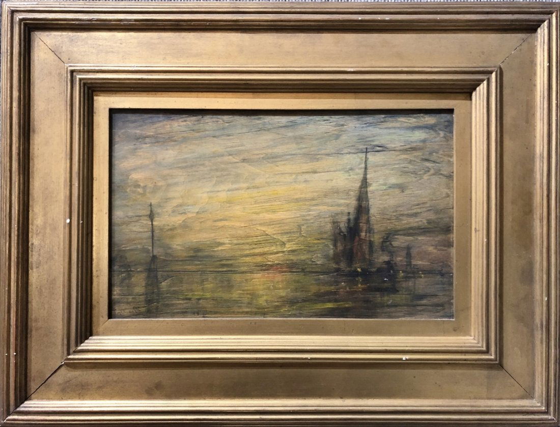Ptg of Venetian Lagoon by William Gedney Bunce 19thc: Painting of Venetian Lagoon by William Gedney Bunce 19th century. Painting 15" x 9.5" in a frame 25" x 19" -----------------------------------(From CooleyGallery.com):" William Gedney Bunce has a mann