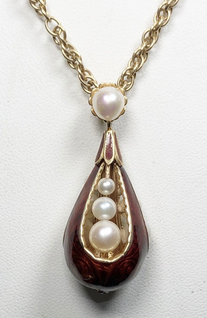 14k red enamel cultured pearl necklace 13.6 dwt (1 of 3)
