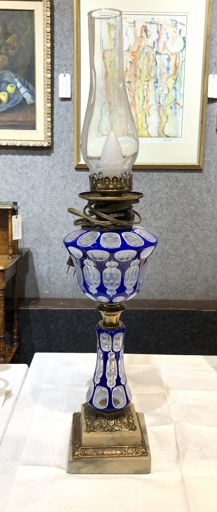 19thc double cut Sandwich glass blue oil lamp,c.1880 (1 of 10)
