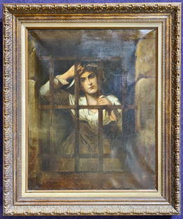 Ptg of Victorian beauty quarantined, 19thc-signed: Painting of Victorian beauty quarantined, 19th century, oil on canvas.////////////////////////The painting is signed L.Perrault in the lower left(Leon Basile Jean Perrault), and although the style is