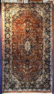 Finely knotted silk carpet, circa 1950: Finely knotted silk carpet, circa 1950.30 inches by 55 inches.