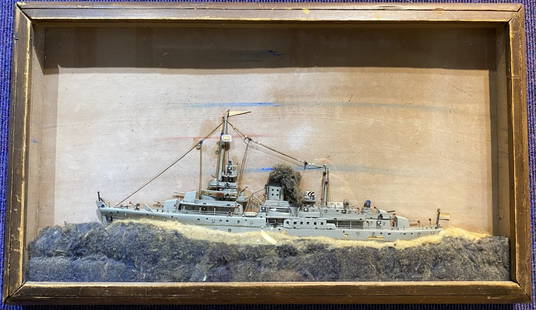 1920s folk art diorama of a battleship,Kingsbergen: 1920s folk art diorama of a battleship, 21" x 12.5".Labeled Kingsbergen.--------------------------------------------------------------------------------------------------------------------------------