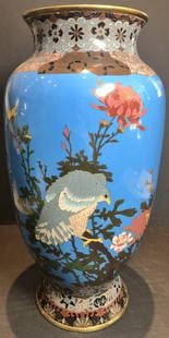 Japanese cloisonne vase w/bird, c.1880: Japanese cloisonne vase with bird, c.1880, h: 14.5"