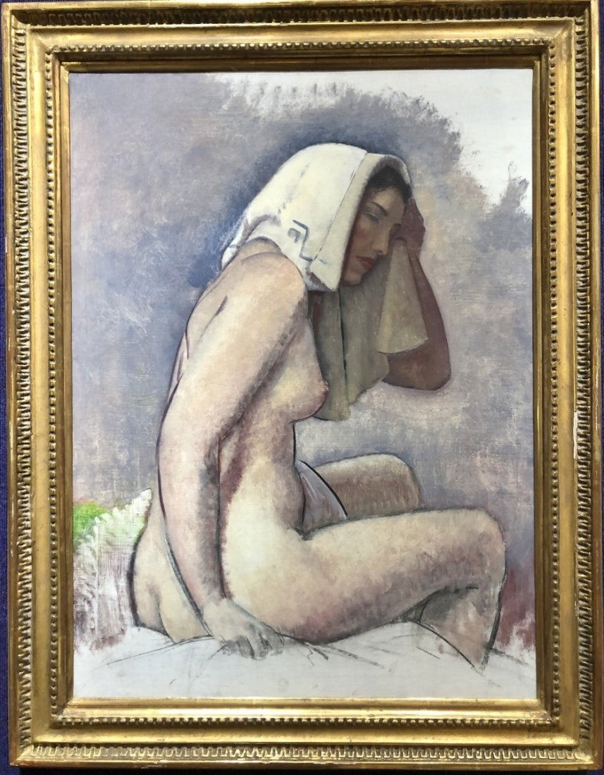 Painting of a partially nude woman by Leon Kroll: Painting of a partially nude woman by Leon Kroll.-----25 inches by 35 inches in a frame 32 inches by 42 inches.The condition is pretty good I would say the only issue might be the signature is a littl