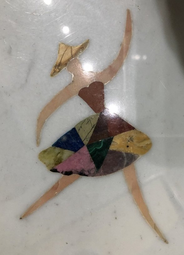 Giuseppe Fiaschi & Figlio Pietra Dura harlequin table: Giuseppe Fiaschi & Figlio pietra dura harlequin table, circa 1950.This table is labeled below on the marble, and also lists every stone used in the making of the table, including malachite, rodonite, 