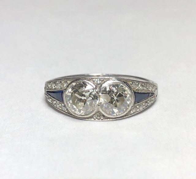 Platinum double diamond ring with sapphires, c1925 (1 of 8)