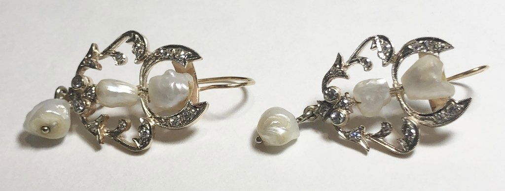 14k baroque pearl and diamond earrings, antique,6.3 dwt (1 of 7)