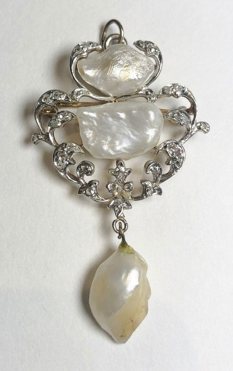 14k baroque pearl and diamond brooch, 6.45 dwt (1 of 4)