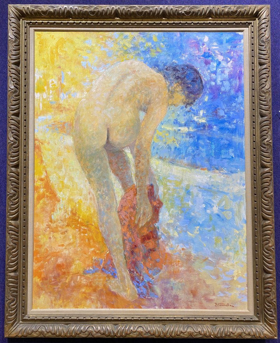 Nude with Red Towel,painting by Bernard Taurelle: Oil on canvas painting, Nu a la Serviette(Nude with Red Towel), Bernard Taurelle(French).35 inches by 46 inches in a frame 43 inches by 54 inches.------------------------------------------------------
