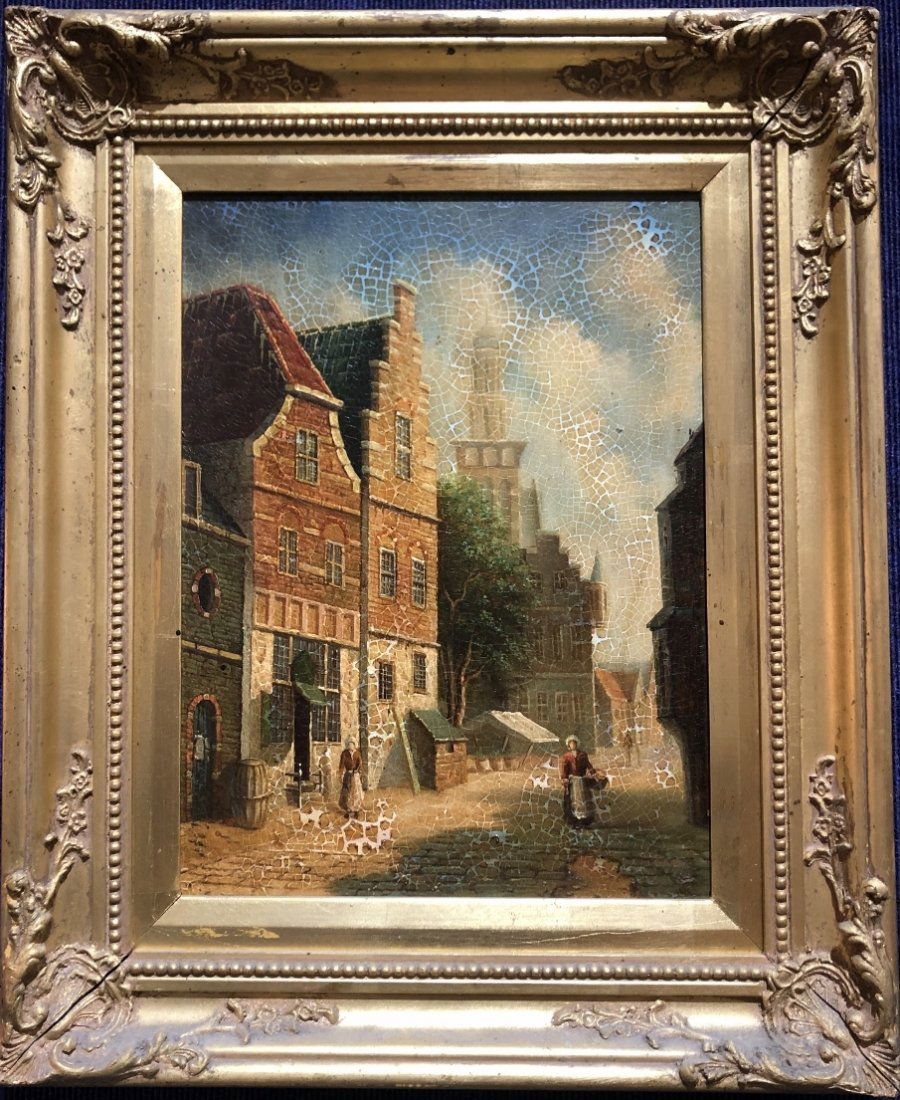 Painting of a European village, craquelure,c.1880 (1 of 6)