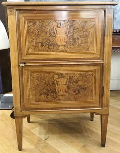 Inlaid wood cabinet, Neoclassical form: Inlaid wood cabinet, Neoclassical form. Dimensions: 36" x 25" x 14".