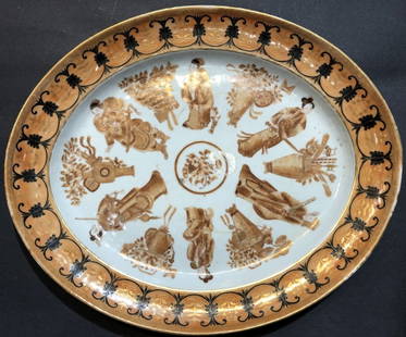 James Gallery orange platter with Chinese figures: James Gallery orange platter with Chinese figures, c.1900. The four matching plates are a separate lot in this sale, number 161. Dimensions: 15.5" x 13"