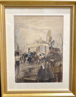 Watercolor of ship drama by Charles D Fourqueray: Watercolor of ship drama by Charles D Fourqueray. Frame: 16" x 13" Watercolor: 11.5" x 8 1/4". Circa 1900. (From Wiki)Charles Dominique Fouqueray (Le Mans, 23 April 1869 to 28 March 1956) was a