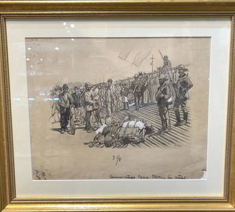 Drawing of the Boer wars, c.1900: Drawing of the Boer wars, c.1900. Frame: 17" x 14 3/4" Drawing: 12.5" x 10". Signed with the initials EH in the right hand corner, this was probably a newspaper illustration to a story, now lost.